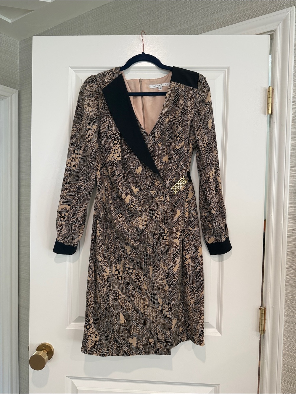 Trina Turk Tan and Black Print Wrap Dress
